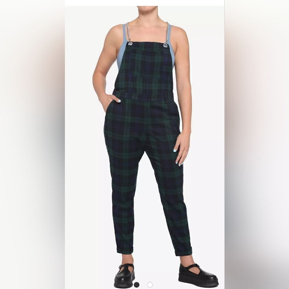 Hot Topic Blue and Green Plaid Straight Leg Chain Overalls Plus Size